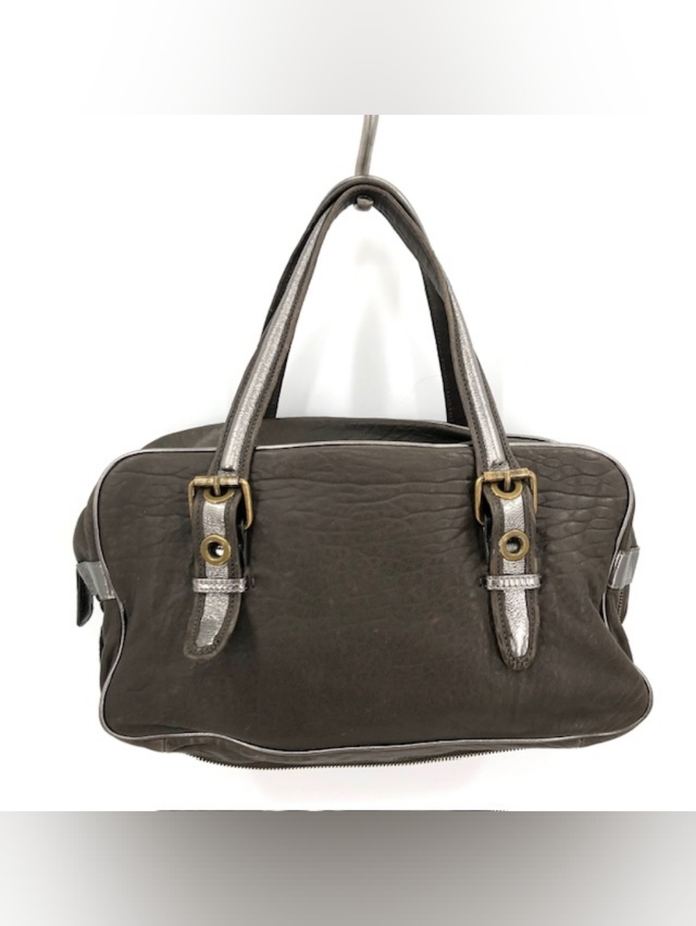 Kate Laundry Metallic Gray Double-Handle Satchel Bag w Zipper Expansion